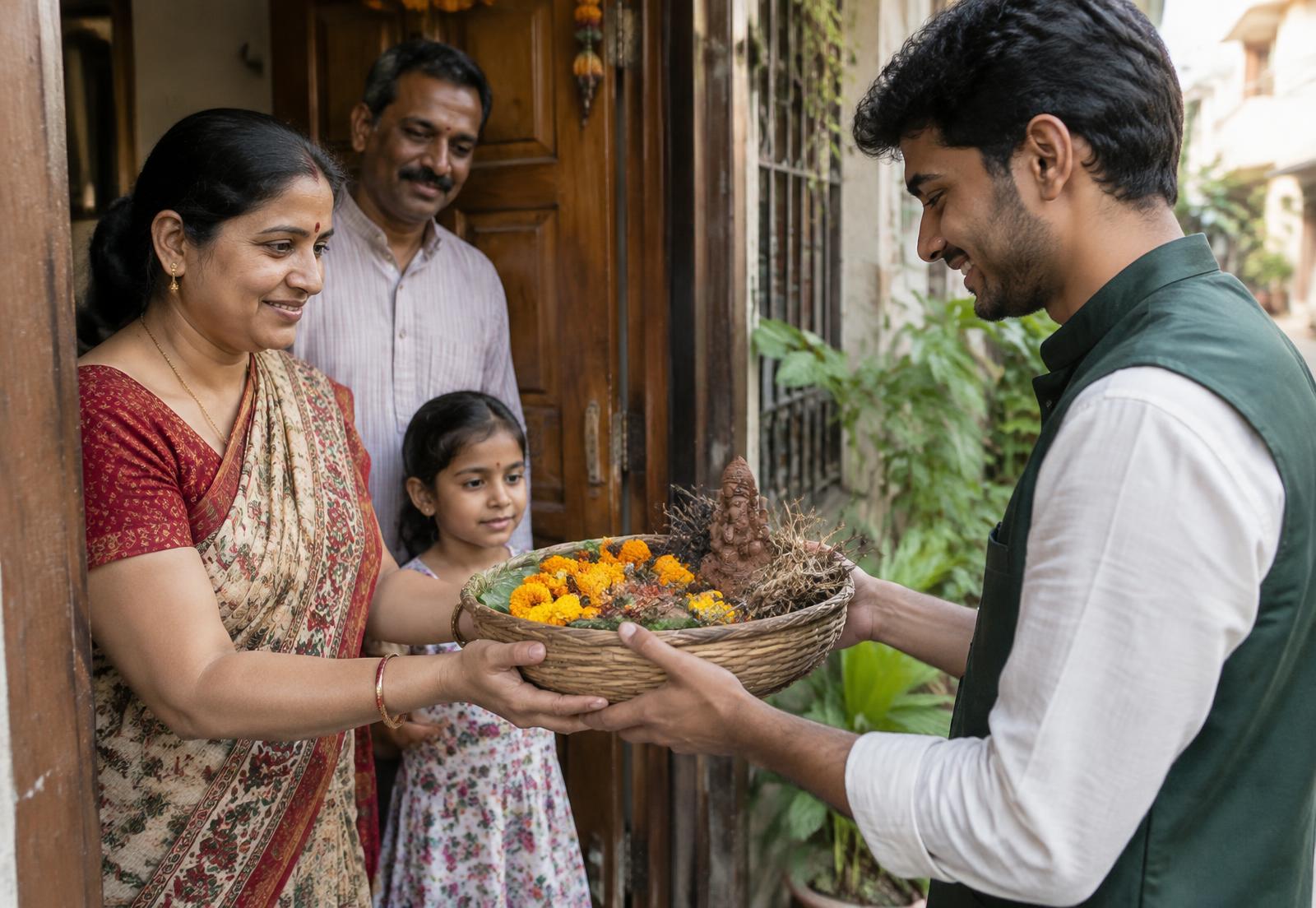 A family respectfully handing puja offerings to a doorstep collection volunteer