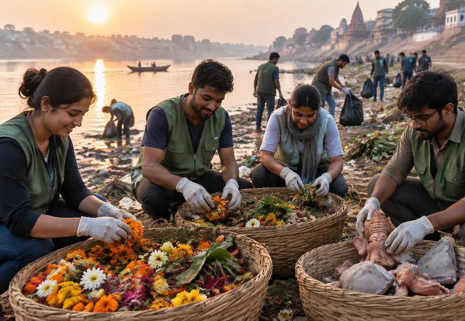 Volunteers sorting flowers and idol remains during an Indian river cleanup